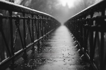 Black and white photo of a bridge during rain with reflective wet surface
