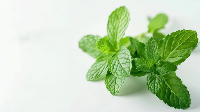A cluster of fresh mint leaves arranged on a white surface