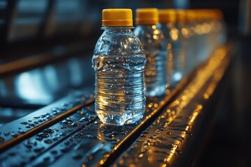 Plastic water bottles on conveyor belt in beverage factory