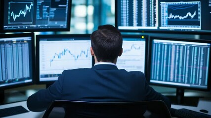 A businessperson in formal attire analyzes complex sales data on multiple screens, highlighting upward growth trends and financial projections. - Powered by Adobe