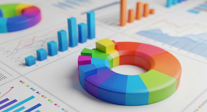 Colorful 3D charts and graphs on paper, showcasing data analysis and business growth, representing progress and financial success, ideal for reports or presentations - Powered by Adobe