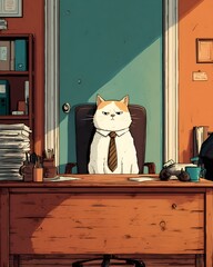 Cat in Business Suit Sitting at Desk in Office