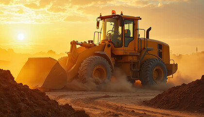 Fototapeta premium Heavy yellow wheel loader operates on dusty construction site during golden sunset. Powerful industrial machinery engaged in earthmoving, excavation, and infrastructure development.