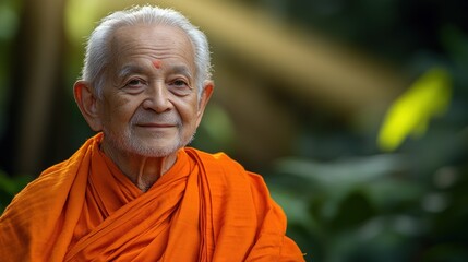 Portrait of a serene Buddhist monk in orange robes, peaceful expression, outdoor setting.