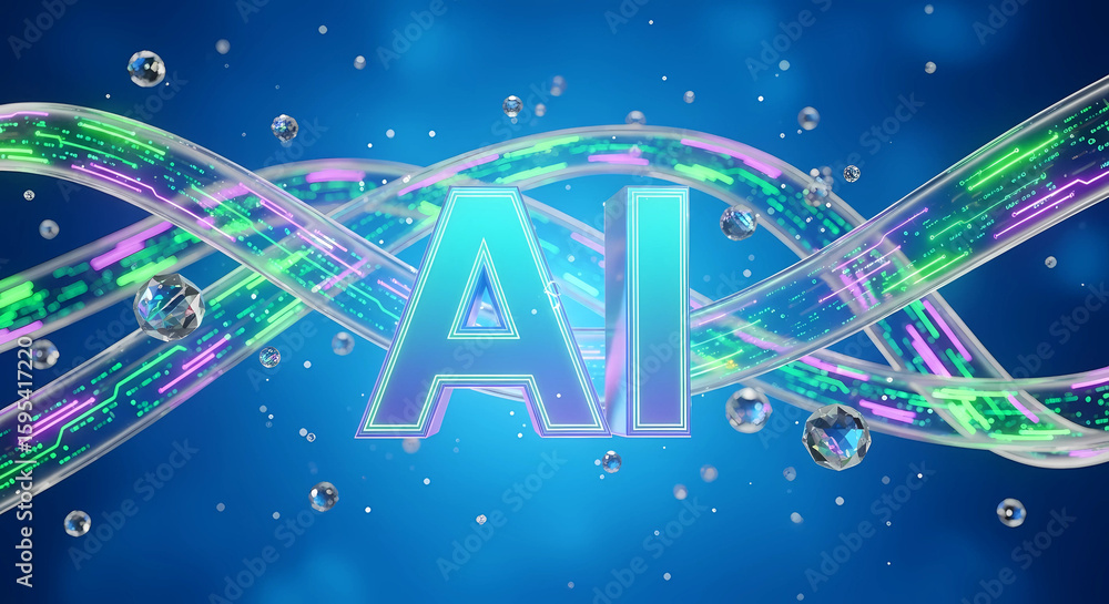 Poster the letters ai are prominently displayed amidst digital streams and floating spheres, symbolizing th