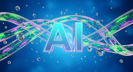 The letters ai are prominently displayed amidst digital streams and floating spheres, symbolizing the power of artificial intelligence
