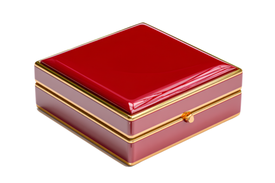 Elegant Red Square Jewelry Box with Glossy Finish and Gold Trim, Closed Top View, Isolated on Transparent Background