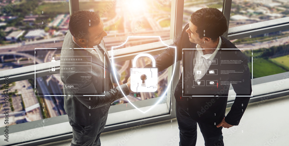 Poster cyber security protects against breaches, hacks, and network attacks using strong infrastructure and