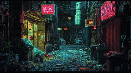 Naklejka premium Dark Neon Alleyway in Pixel Art Style pixel art game background,Generative Ai