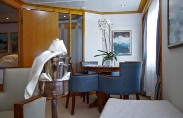 Luxurious suite stateroom cabin room onboard luxury cruise ship cruiseship yacht liner with bedroom...