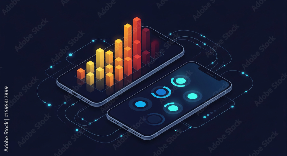 Poster isometric illustration of two smartphones displaying data graphs and charts connected by glowing lin