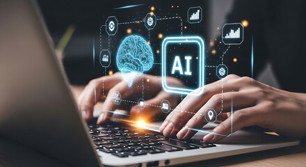 AI Technology, A Person Using Laptop with Artificial Intelligence Interface
