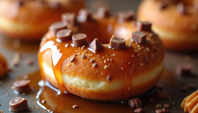 Close-up of fluffy donut covered in dripping caramel sauce, chocolate pieces. Macro food photography highlights decadent dessert smooth, glossy texture, inviting warm colors. Tempting treat culinary