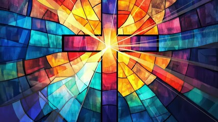 Stained-glass cross with radiating light - Powered by Adobe