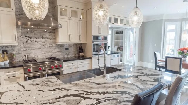 Modern Kitchen with Marble Island and Stainless Steel Appliances
