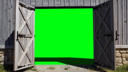 old wooden barn doors with x cross braces is opening and show a green screen vfx projects video - Powered by Adobe