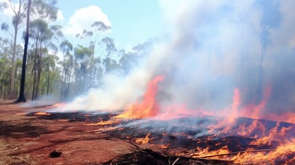 Fire adapted eucalyptus species with ceramic like bark that reflects flames, surrounded by fire activated seed pods bursting open in extreme heat