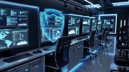 Futuristic cyber defense control room with illuminated data dashboards, holographic security shield icons, and advanced monitoring interfaces in a dark high-tech environment - Powered by Adobe