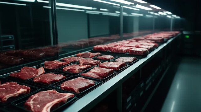 Explore a premium selection of fresh meats, including bone-in steaks, oxtail, and pork cuts, displayed in a sleek, modern butcher shop setting.