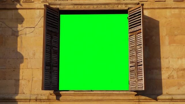 old wooden window opening in stone wall and show a green screen vfx projects video