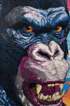 Close-up colorful stylized gorilla portrait snarling with bared teeth, textured brushstrokes, vivid blue fur and orange eyes
