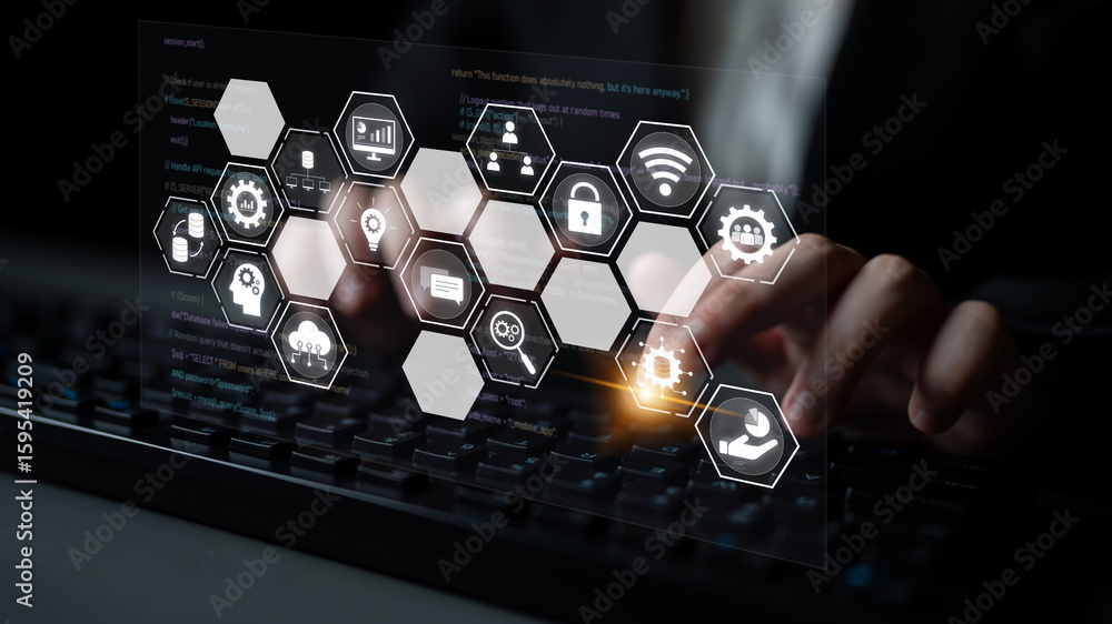 Poster hexagon interface combining ai, data, analytics, and cybersecurity. ai connects systems, data drives