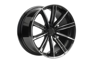 Glossy Black Multi-Spoke Car Rim with Chrome Accents, Angled Side View, Isolated PNG