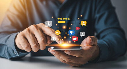 Customer Experience Concept: Man Using Smartphone for Online Feedback, Ratings, and Reviews. Perfect for Business, Technology, and Marketing Campaigns