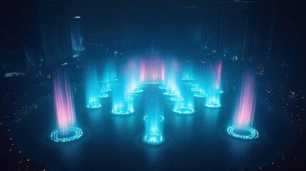 Aerial View of the Stunning Illuminated Fountains at Night