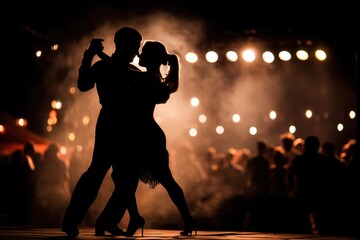 Silhouetted couple passionately dancing on stage under warm lights with a lively audience blurred in the background.