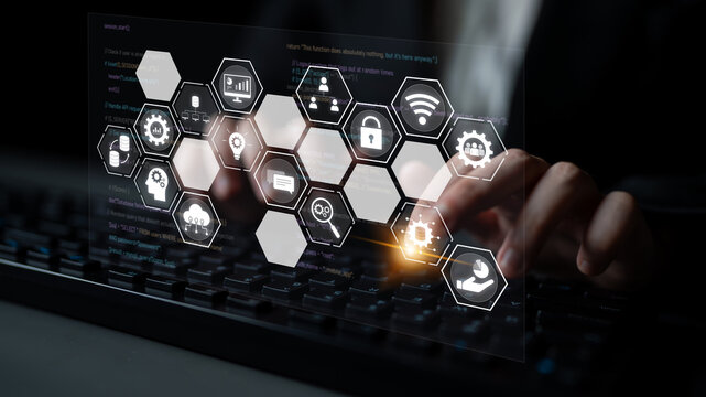 Hexagon interface combining AI, data, analytics, and cybersecurity. AI connects systems, data drives analytics, data supports decisions, and AI enables smart business infrastructure. Latch