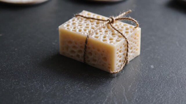 Handmade artisan soap tied with string on dark stone surface, symbolizing natural skincare, eco-friendly craft product and minimalist hygiene aesthetic in rustic presentation