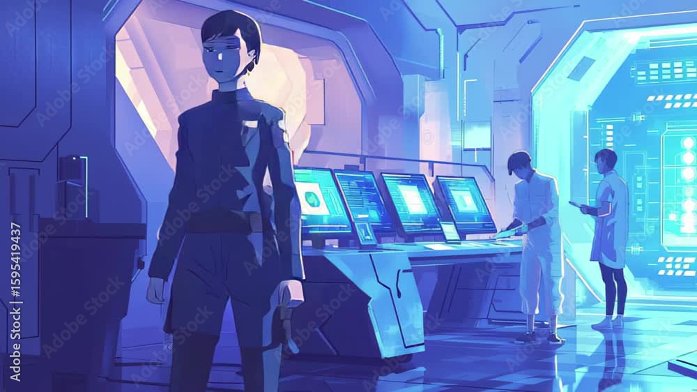 Poster team of scientists collaborating in a futuristic laboratory filled with advanced technology and illu