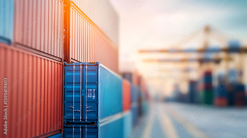 Poster shipping containers stacked at a port, ready for global distribution and logistics. represents inter