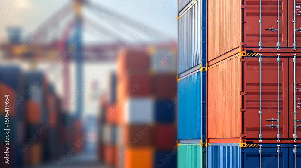 Poster stack of colorful metal shipping containers at port with crane in the background. focus on container