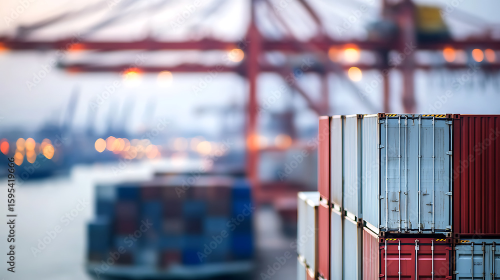 Poster cargo containers stacked at a busy port terminal, with a large crane in the background, creating a s