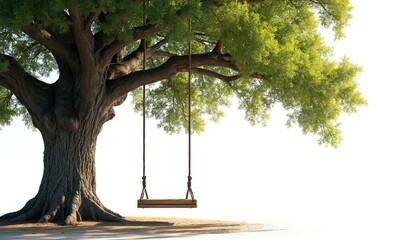 Rustic wooden swing hanging from large, leafy tree branch against clean white background. Nostalgic image evokes childhood memories, summer fun, peaceful outdoor relaxation. Features sturdy trunk,