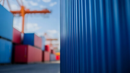 Obraz premium Abstract shot of cargo containers at a commercial shipping yard, focusing on a blue container, with a blurred crane and sky in the background.