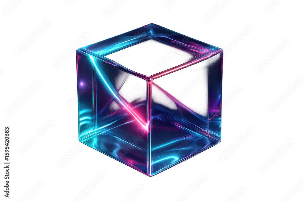 Poster pink and blue neon light beams intersect inside a transparent cube, creating a vibrant and futuristi
