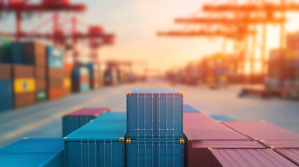 Shipping containers await transport at port. Cargo crates symbolize global trade, logistics, and supply chain efficiency in bright sunlight.