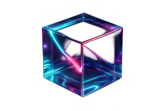 Pink and blue neon light beams intersect inside a transparent cube, creating a vibrant and futuristic design on a transparent background