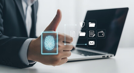 Secure Access and Digital Identity Verification: Man Using Fingerprint Scan for Authentication on Laptop, Cyber Security and Data Protection Concept