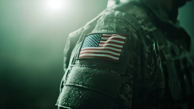 A rippling American flag patch on a tactical jacket stands out against a softly blurred green background, highlighted by dramatic lighting.
