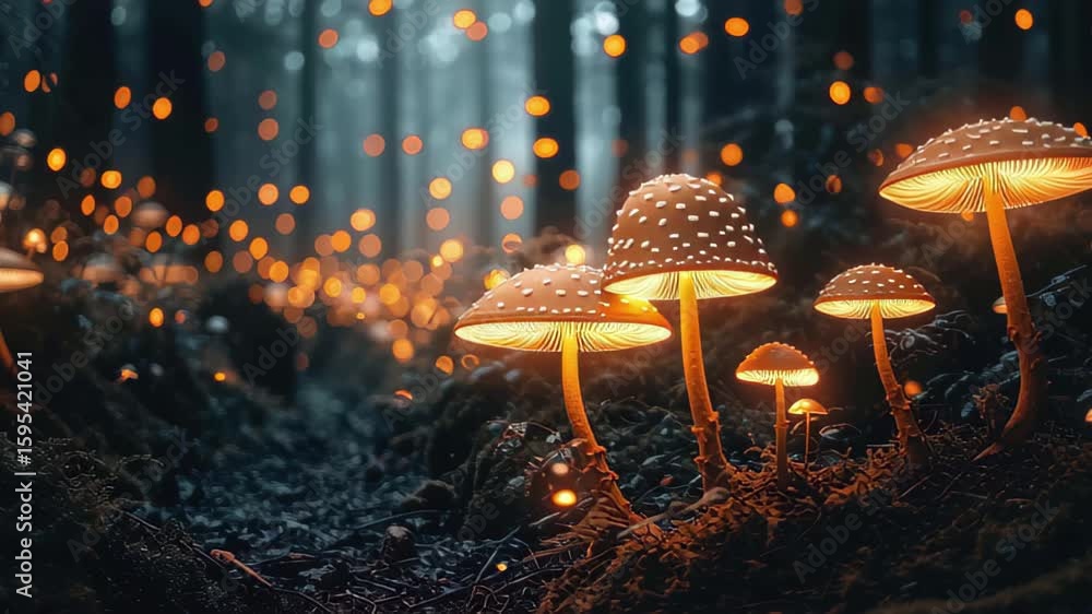 Poster Magic forest with glowing mushrooms surrounded by mist and soft light during twilight hours in a serene woodland setting