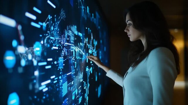 A confident businesswoman presents an interactive e-commerce revenue breakdown by category and customer segment to an engaged audience.
