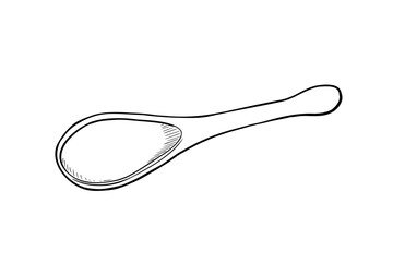 Single wooden spoon outline vector illustration isolated on white. Cooking spoon, kitchen utensil of wood, cutlery black white drawing. Spoon for cookbook, recipe, food label, packaging.