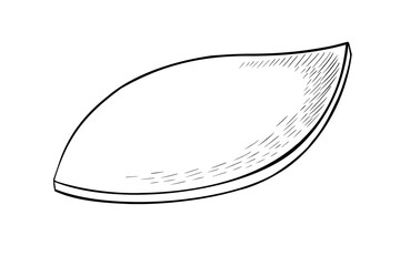 Single wooden empty plate black white vector illustration isolated on white. Kitchen utensil plate leaf shaped outline hand drawn ink. Plate drawing for cookbook, recipe, food label, packaging.