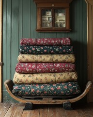 Stack of floral patterned fabric rolls on antique wooden sled