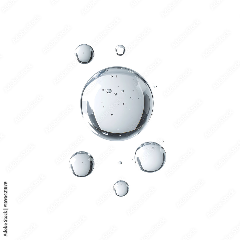 Poster floating clear liquid spheres abstract minimalist design elements on transparent background