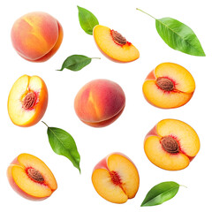Fresh whole and halved apricots with green leaves isolated on transparent white background png, clipping path